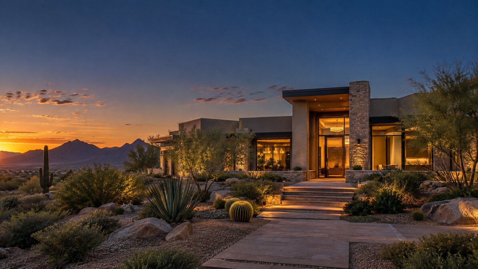 Contemporary Arizona home surrounded by desert landscaping at sunset